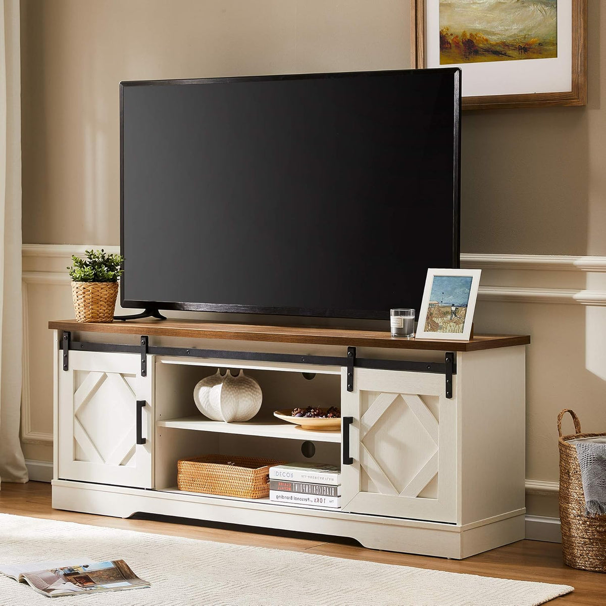 Farmhouse Sliding Barn Door TV Stand, Wood Media Console Table Cabinet 3-Level Adjustable Shelf, Wash Grey H966404