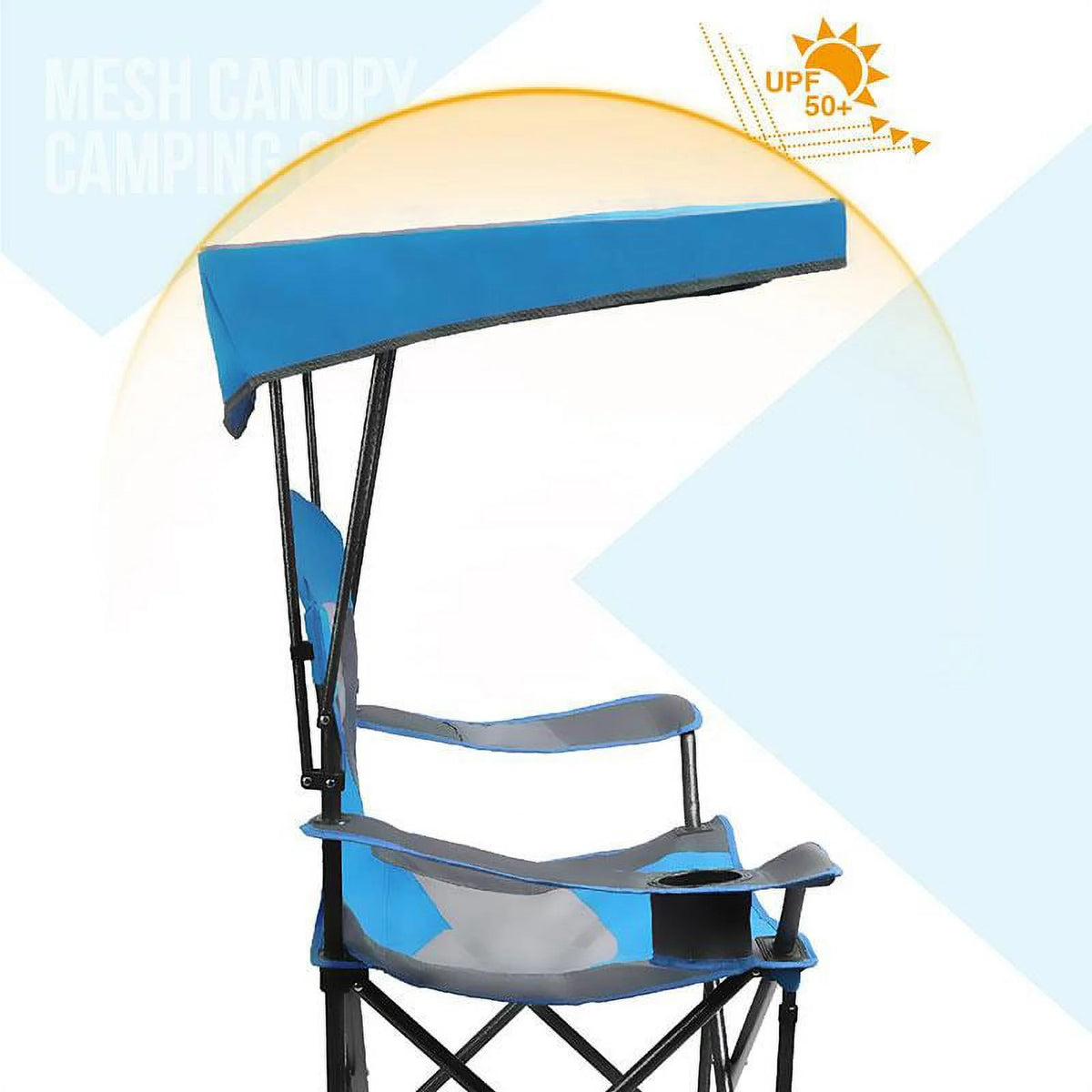 Blue Folding Camping Chair with Shade Canopy, Steel Frame, Carry Bag and Cup Holder O721966