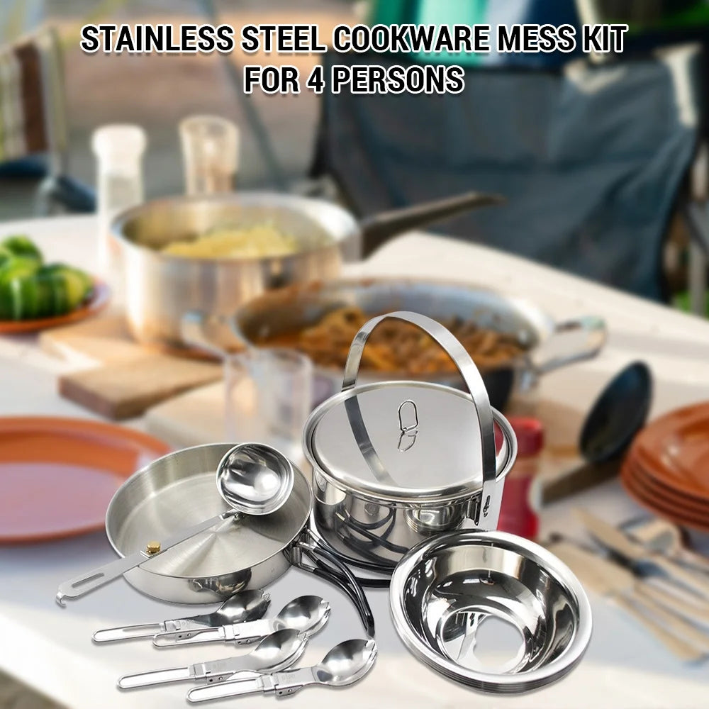 Stainless Steel Camping Cookware Set for 4 with Pot, Pan, Bowls, Folding Sporks C2946