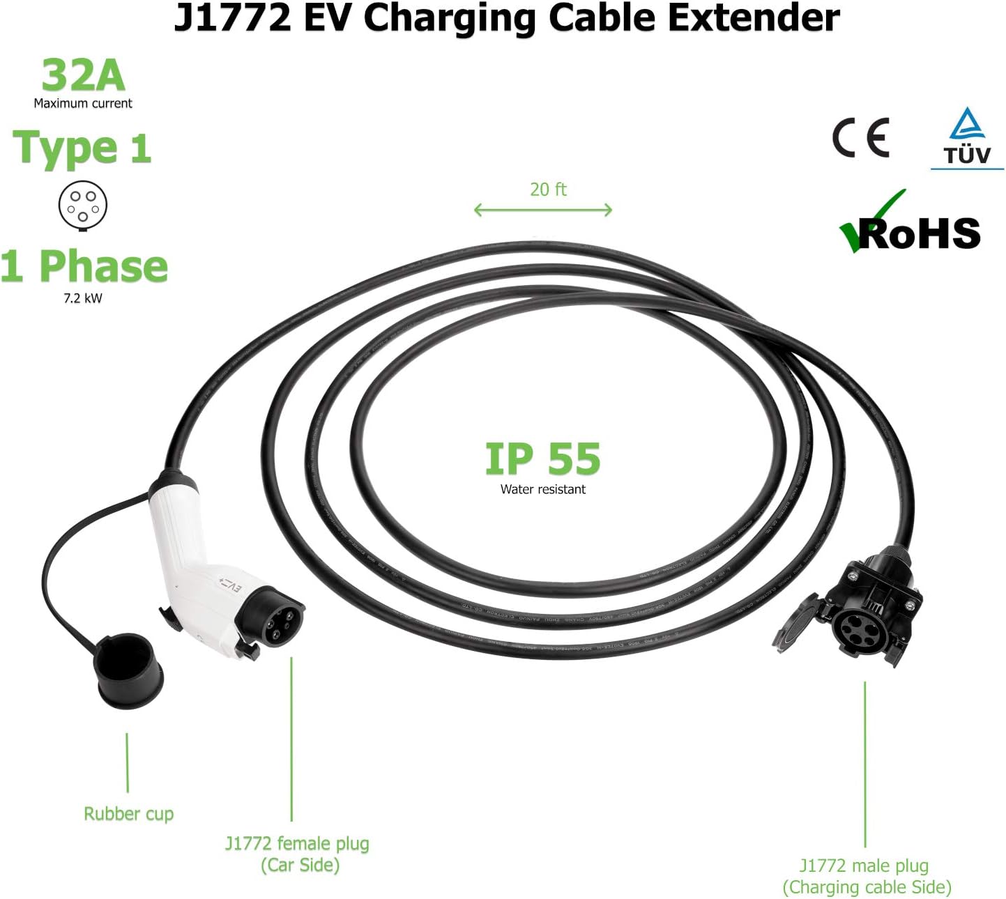 20Ft Level 2 Electric Car Charger Extension Cable U764