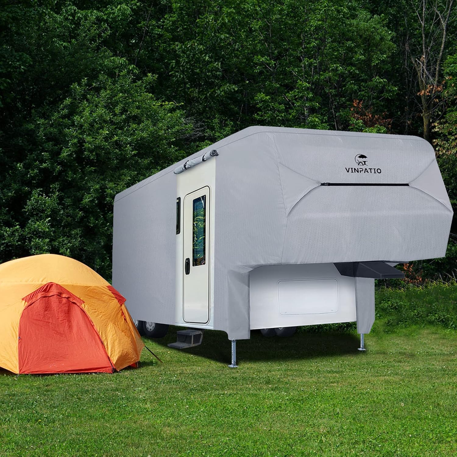 5th Wheel Cover Thick 3 Layers Polypro Anti-UV Waterproof Breathable Camper Covers Fits 37' - 40' Trailer, Gray P7365
