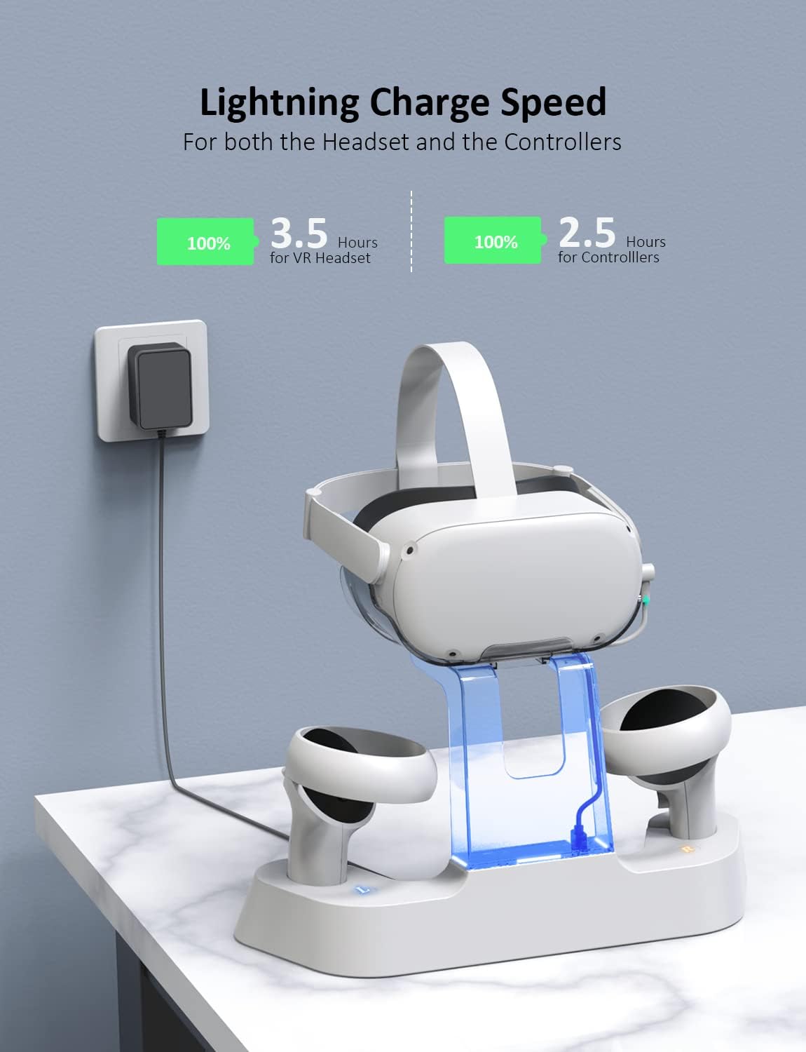 Charging Dock with LED Light for Oculus Quest 2, Headset Display Stand and Controller Mount, 2 Rechargeable Batteries, Magnetic Cable Pack of 2 A9937