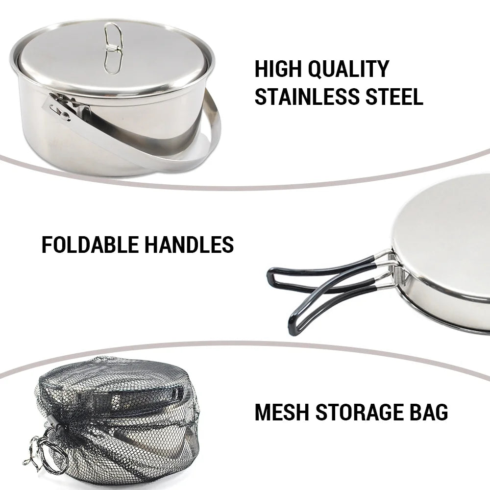 Stainless Steel Camping Cookware Set for 4 with Pot, Pan, Bowls, Folding Sporks C2946