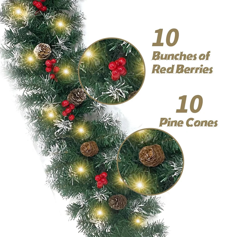 2 Pcs 6ft Pre-Lit Christmas Garland with 40 Waterproof LED Light and Pine Cones and Berries, Battery Operated N615