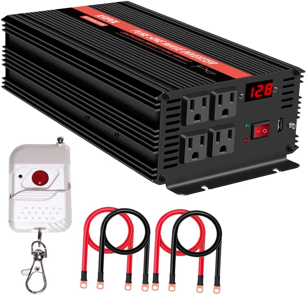 2000 Watt Pure Sine Wave Power Inverter 12V DC to 110V AC with 4 AC Outlets and USB Output R181