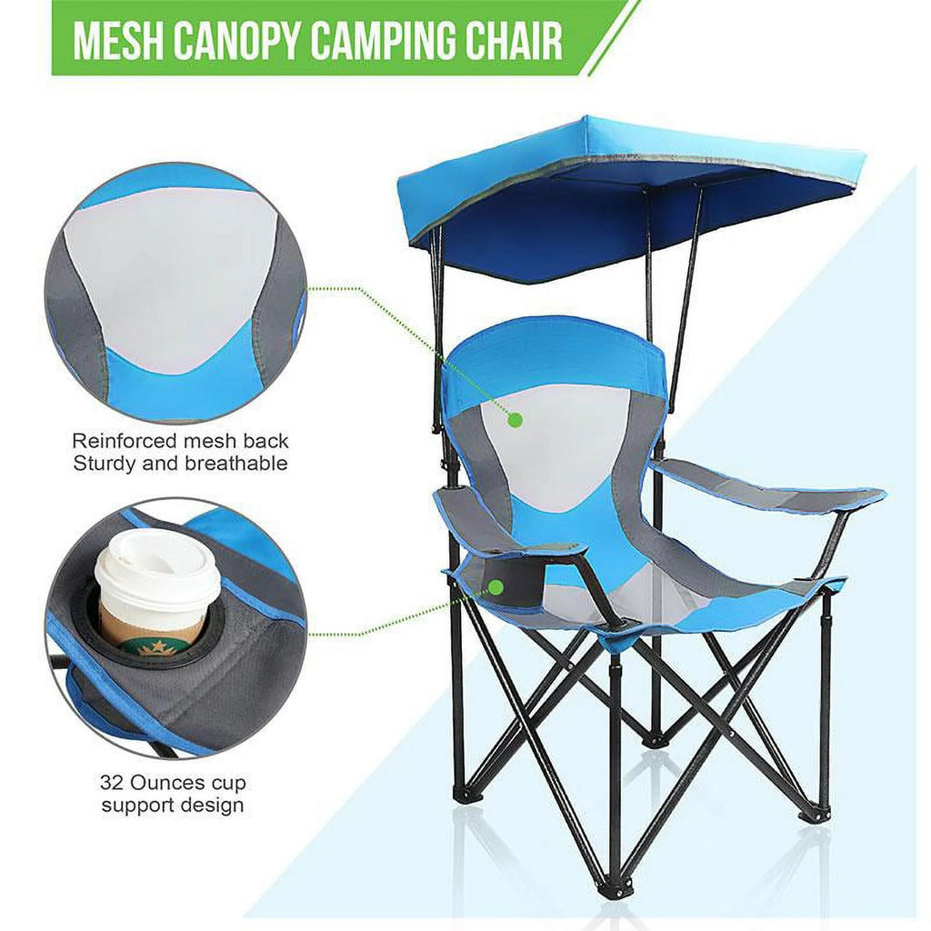 Blue Folding Camping Chair with Shade Canopy, Steel Frame, Carry Bag and Cup Holder O721966
