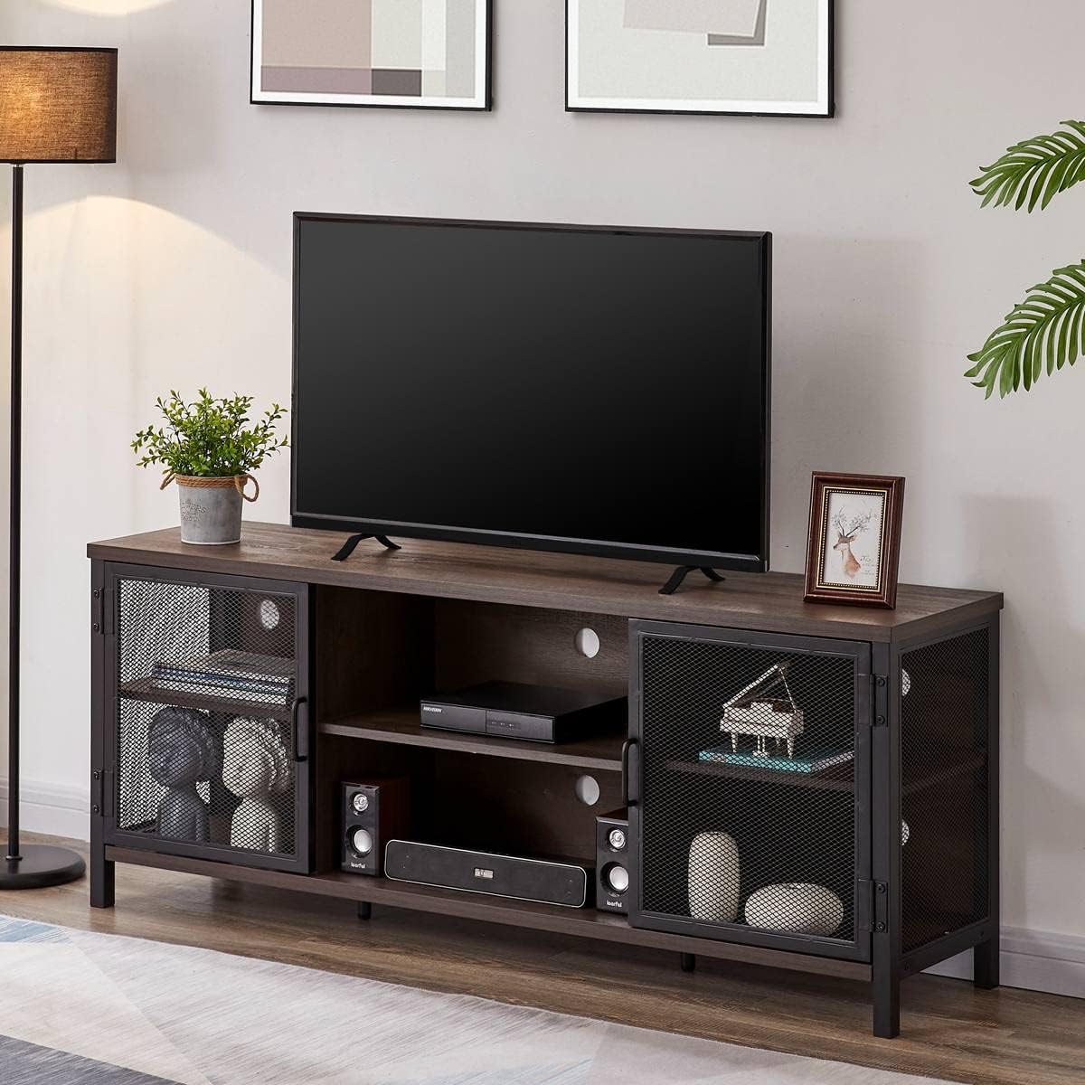 Rustic Wood TV Stand 60 Inch Wide Walnut Brown B414997