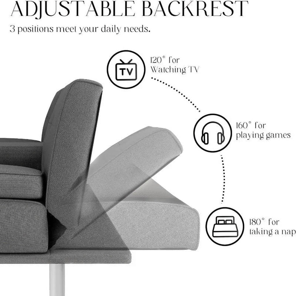Linen Fabric Futon Sofa Bed with 2 Cup Holders and Pillows T822358