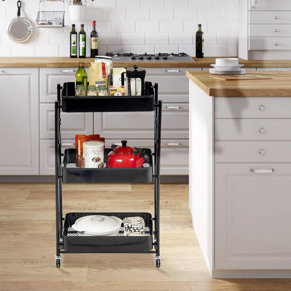 Black Foldable Kitchen Cart with 3 Tier Basket K711