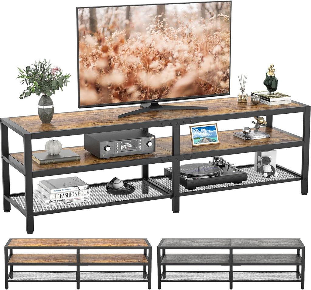 Rustic Brown and Gray Oak 3-Tier TV Stand with Metal Frame M862854