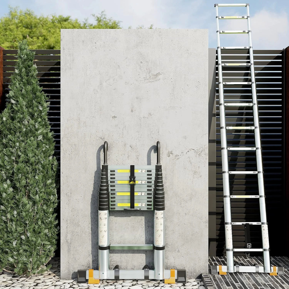 Folding Telescoping Ladder 12.5 FT Aluminum Extendable Ladder with 2 Detachable Hooks I83229