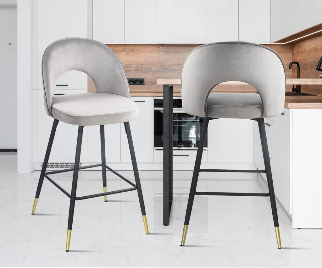 Grey Velvet Bar Stools Set of 2 with Backrest U700