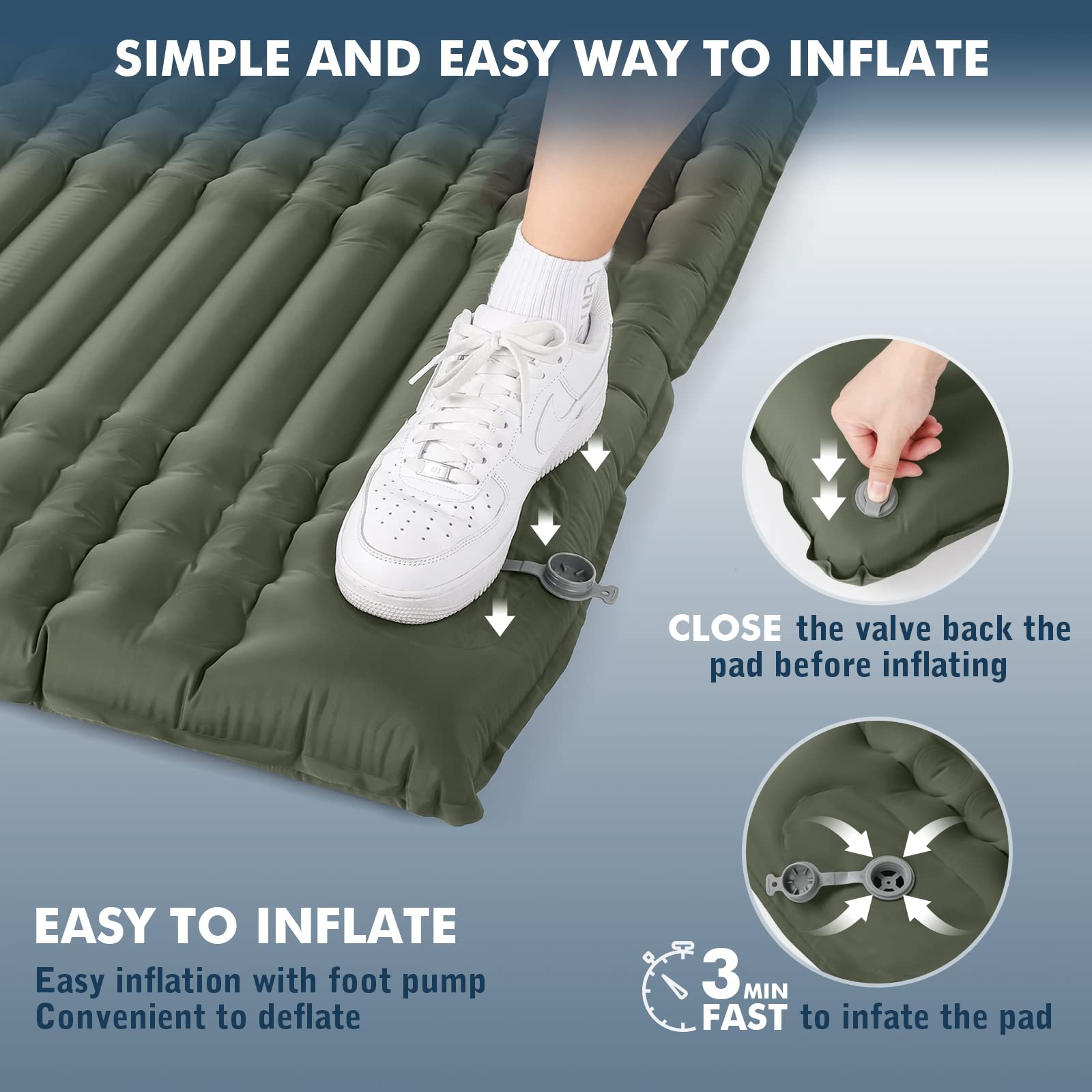 Self Inflating Double Camping Sleeping Pad with Air Pillow, 79 in x 55 in, Army Green Z2854