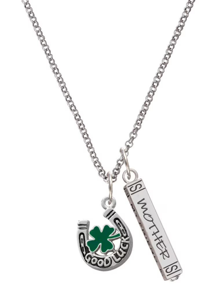 Silvertone Horseshoe Four Leaf Clover Mother Daughter Bar Charm Necklace, 23" T5393