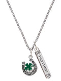 Silvertone Horseshoe Four Leaf Clover Mother Daughter Bar Charm Necklace, 23" T5393