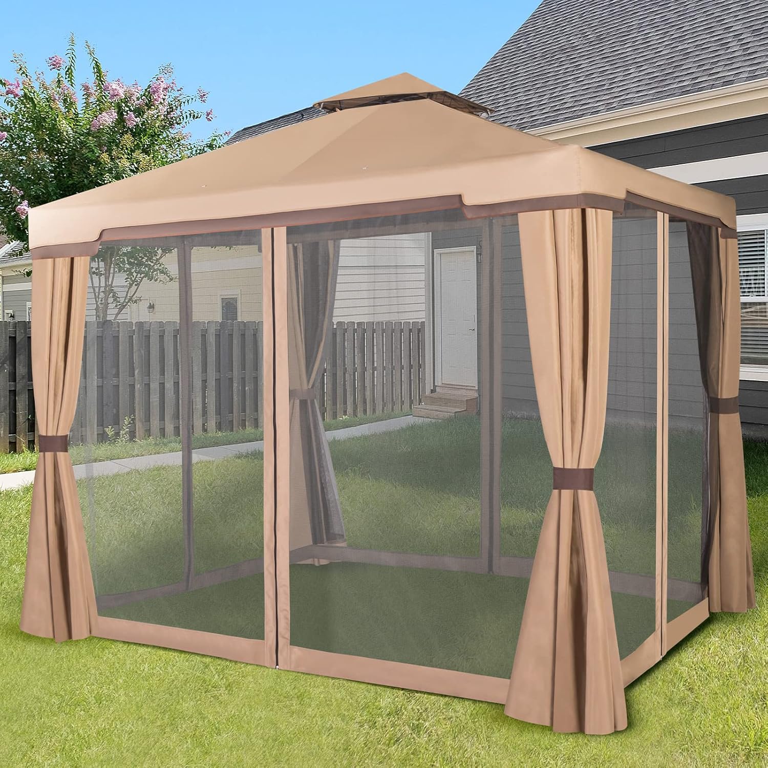 Steel Vented Double Roof Garden Gazebo with Mosquito Netting (Brown) D82379