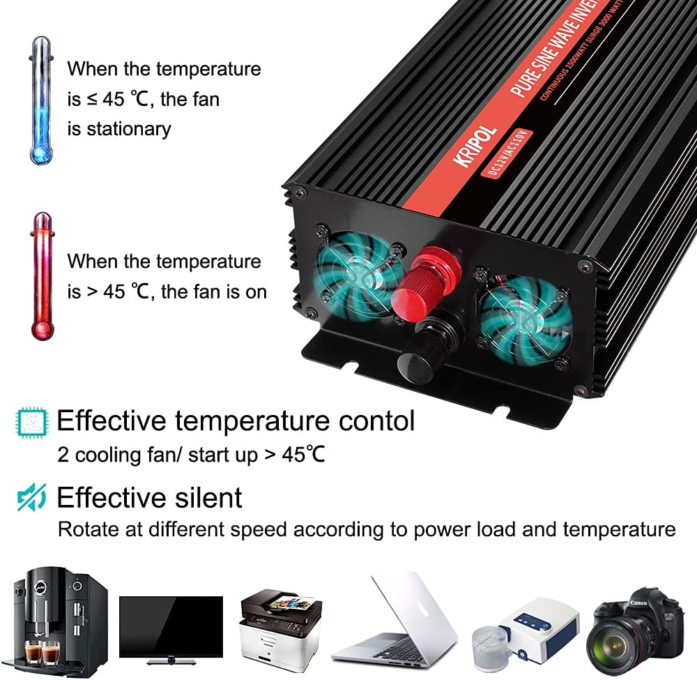 2000 Watt Pure Sine Wave Power Inverter 12V DC to 110V AC with 4 AC Outlets and USB Output R181